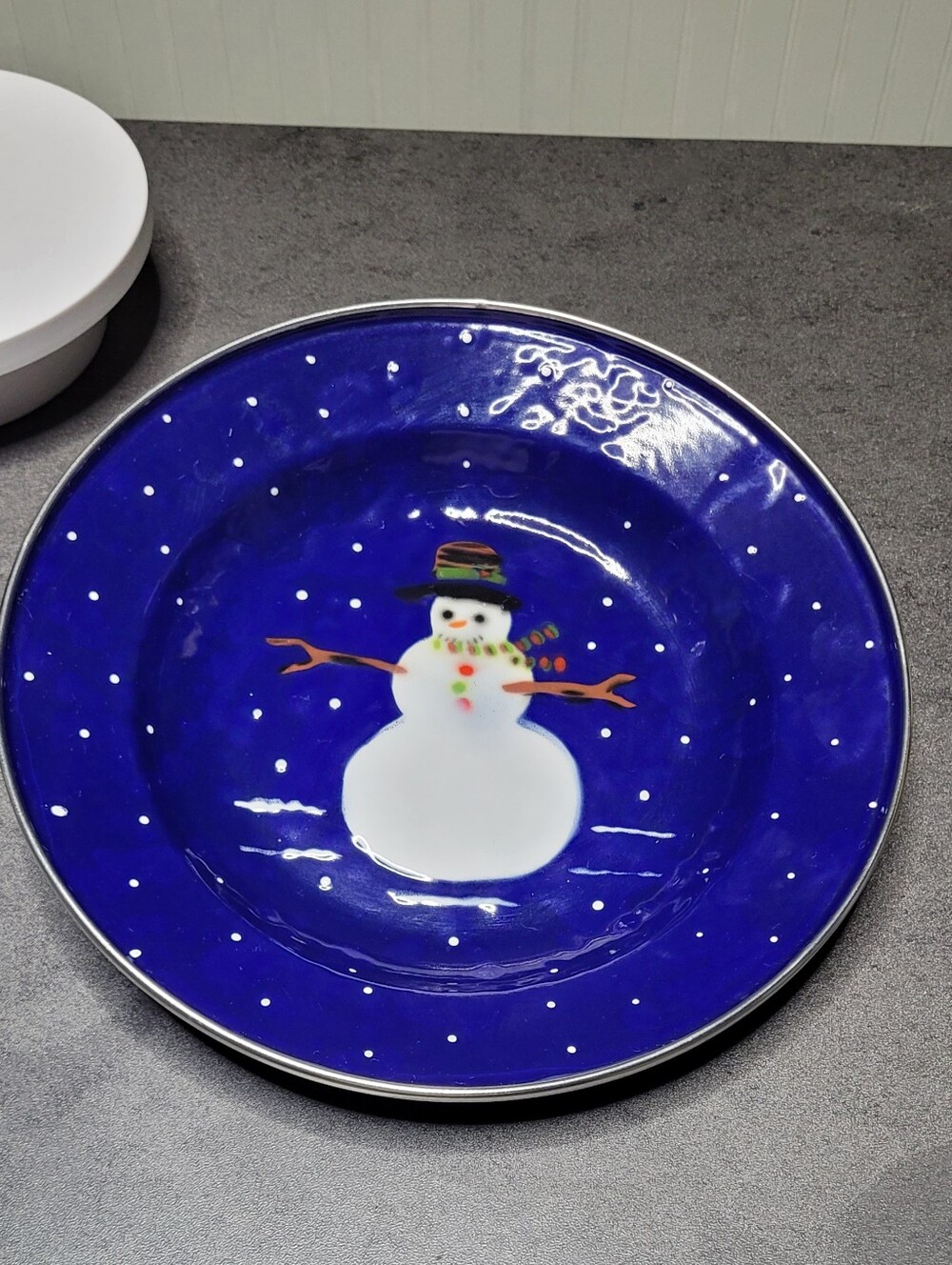 Vintage 1997 The Golden Rabbit II Blue Enamelware Snowman Rimmed Bowl